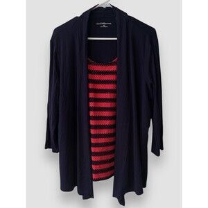 Croft & Barrow Mock-Layer Print Cardigan Sz XL 3/4 Sleeves Navy Striped Tank NWT